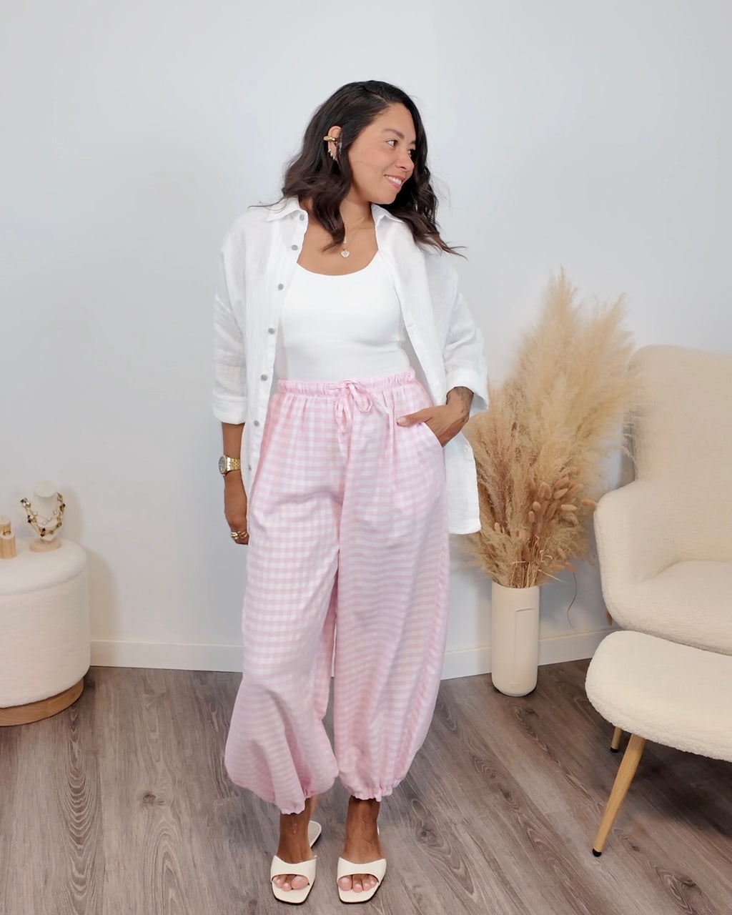 PANTALÓN BOMBACHO CUADRO VICHY ROSA