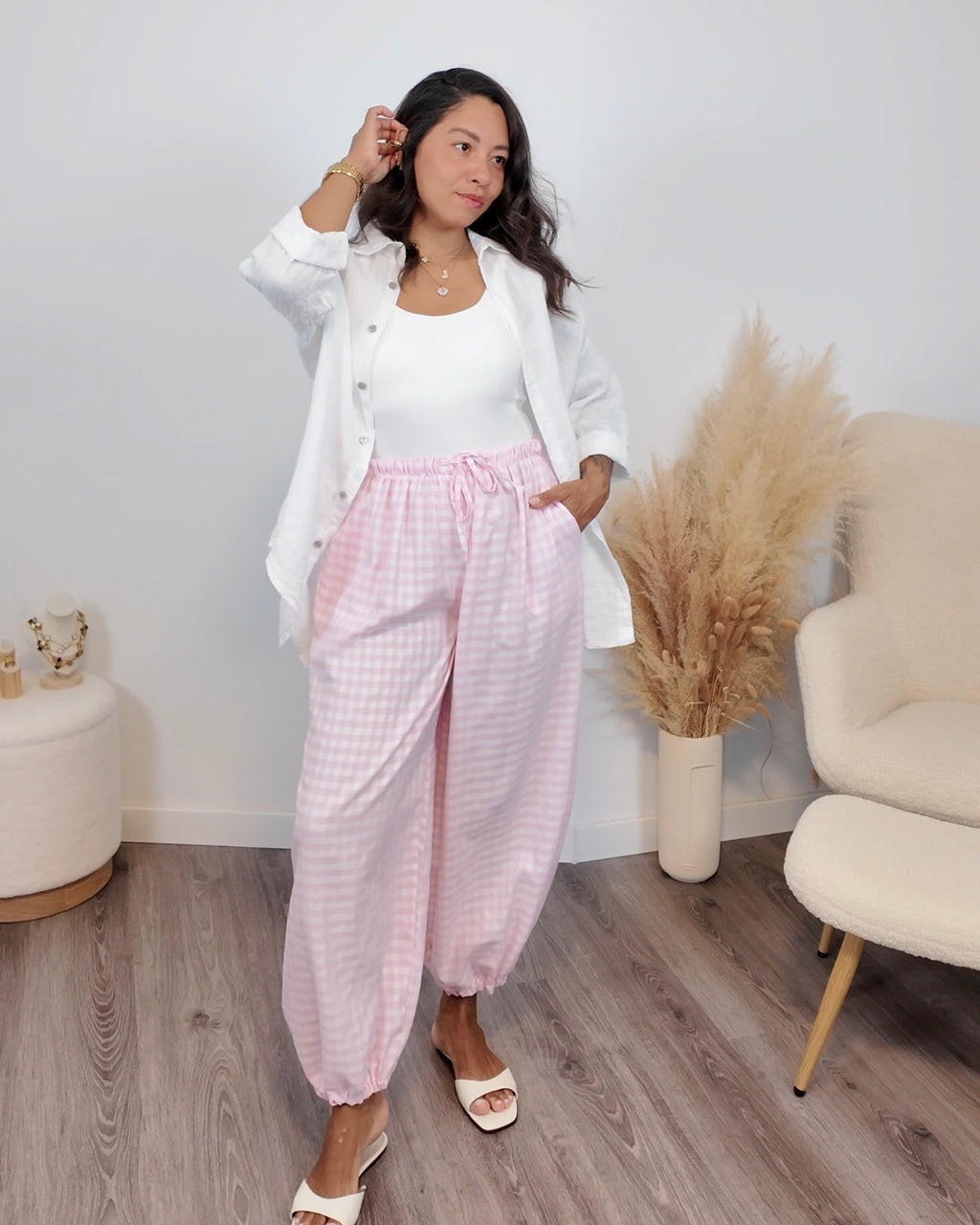 PANTALÓN BOMBACHO CUADRO VICHY ROSA