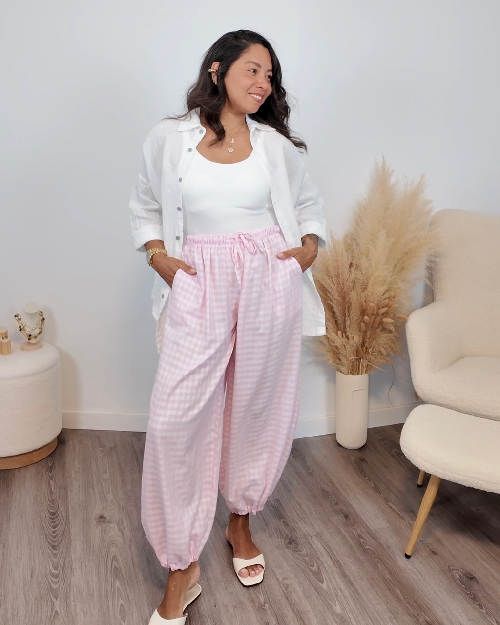 PANTALÓN BOMBACHO CUADRO VICHY ROSA
