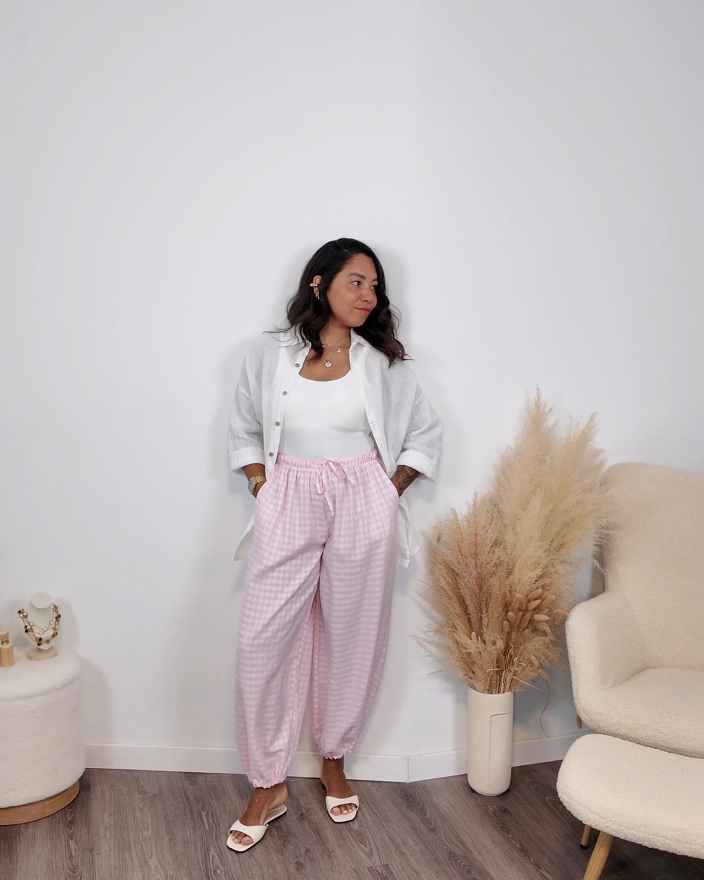 PANTALÓN BOMBACHO CUADRO VICHY ROSA