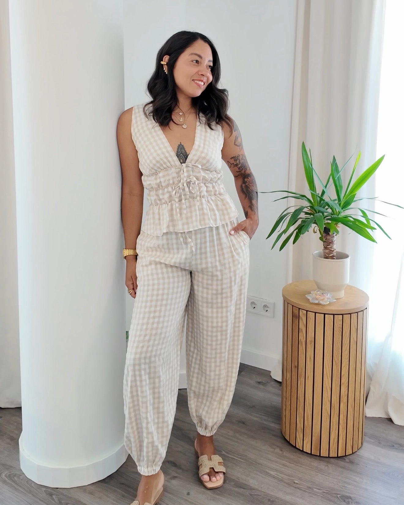 PANTALÓN BOMBACHO VICHY BEIGE