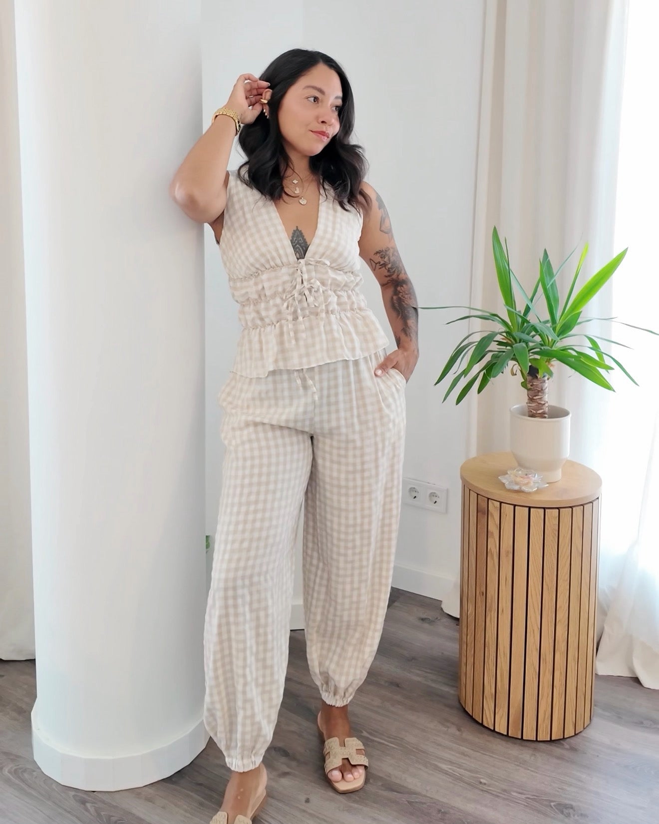 PANTALÓN BOMBACHO VICHY BEIGE