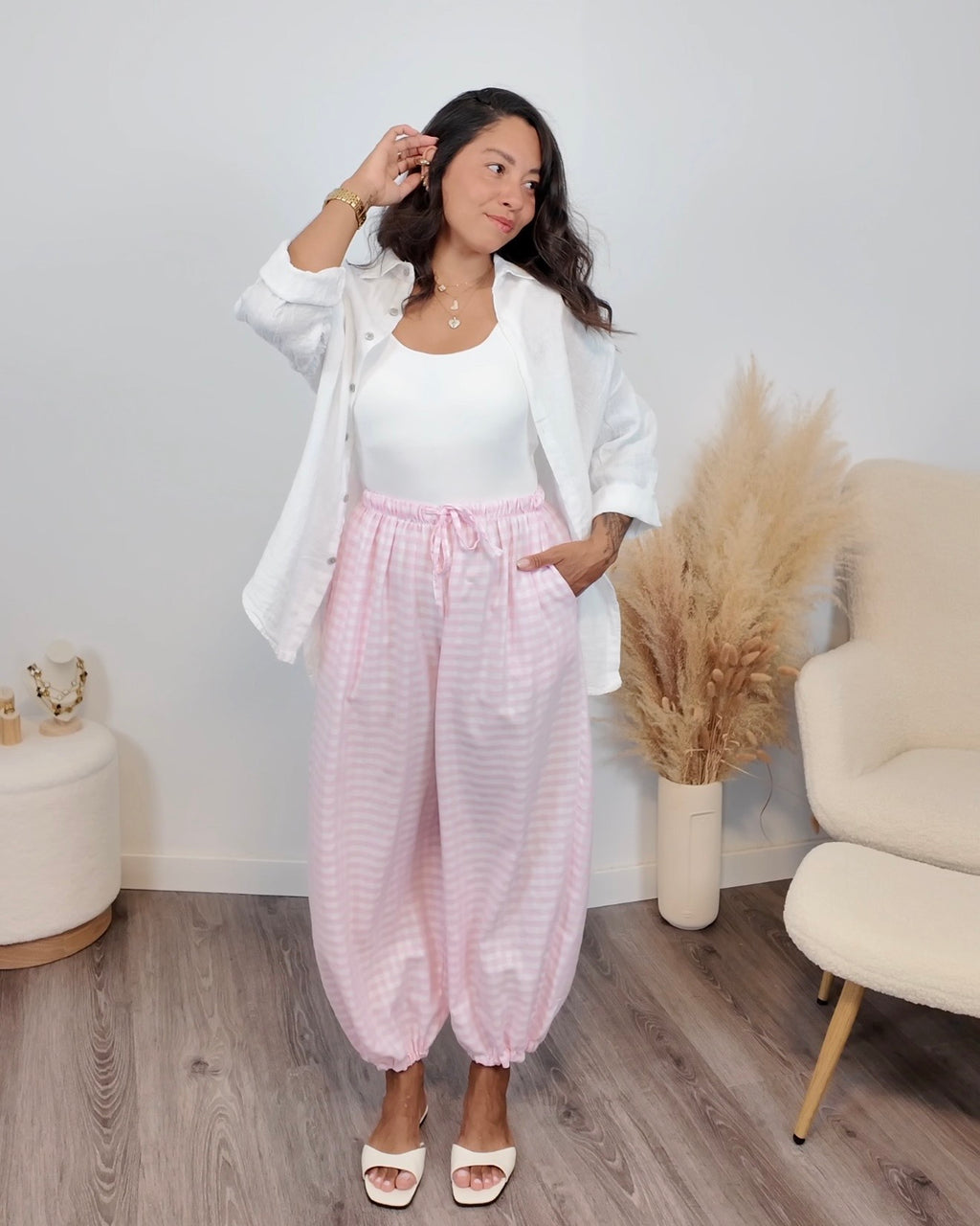 PANTALÓN BOMBACHO CUADRO VICHY ROSA