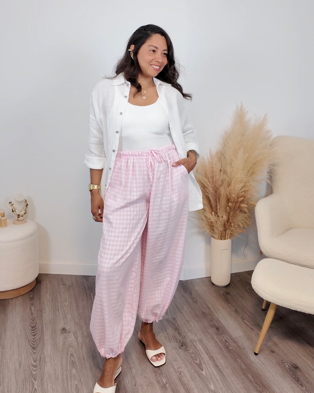 PANTALÓN BOMBACHO CUADRO VICHY ROSA