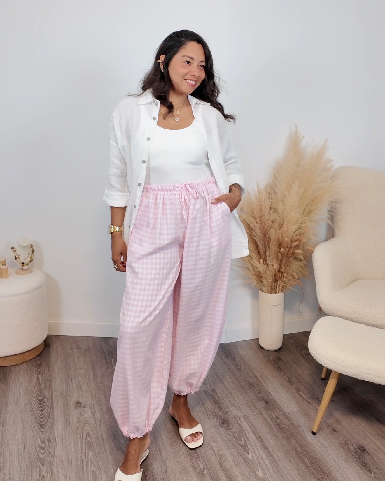 PANTALÓN BOMBACHO CUADRO VICHY ROSA