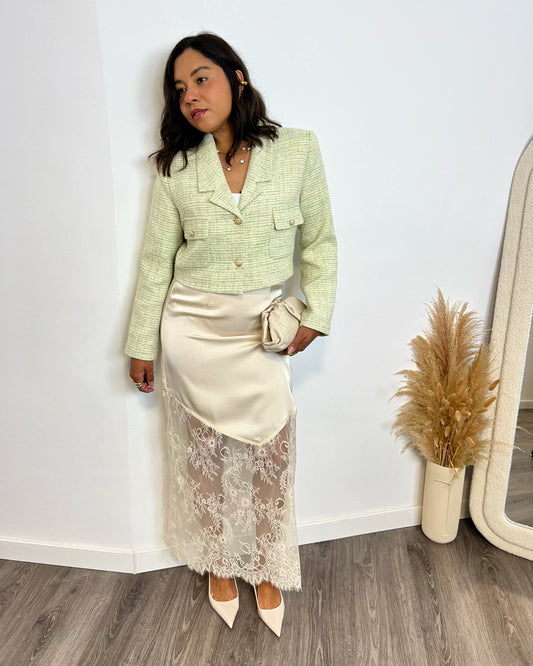 Falda satinada con encaje Beige